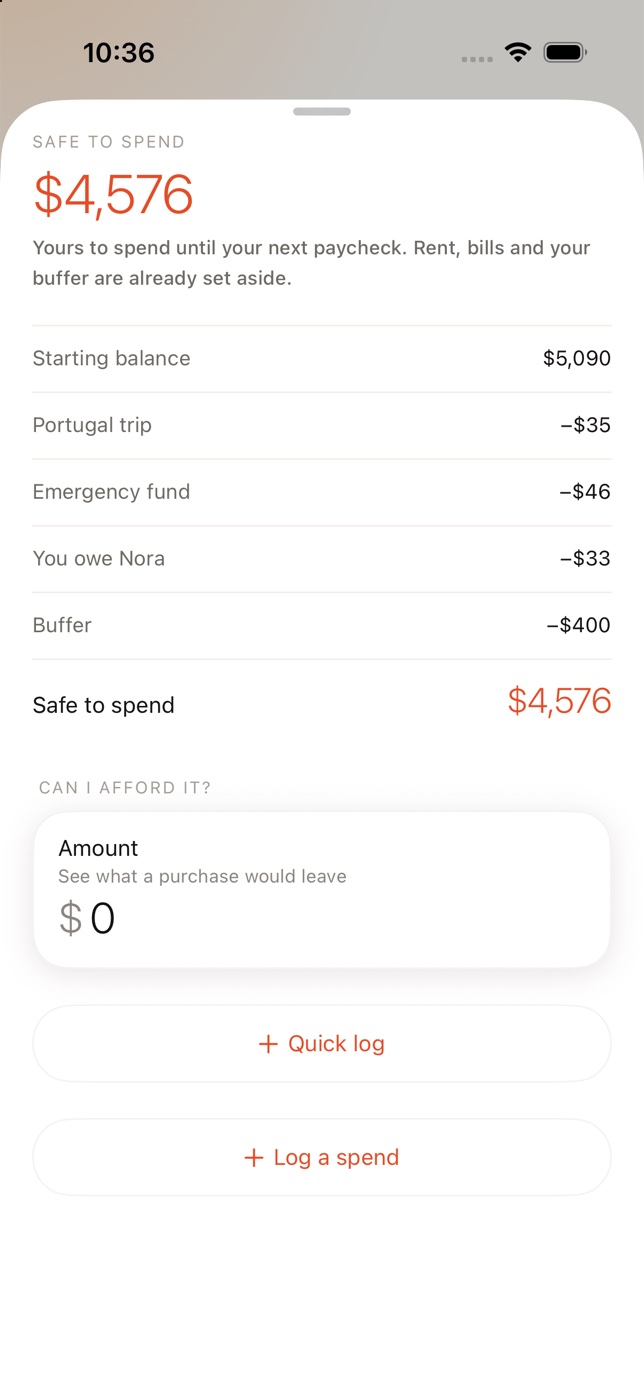 The Safe to Spend breakdown: starting balance minus goals, what you owe and the buffer